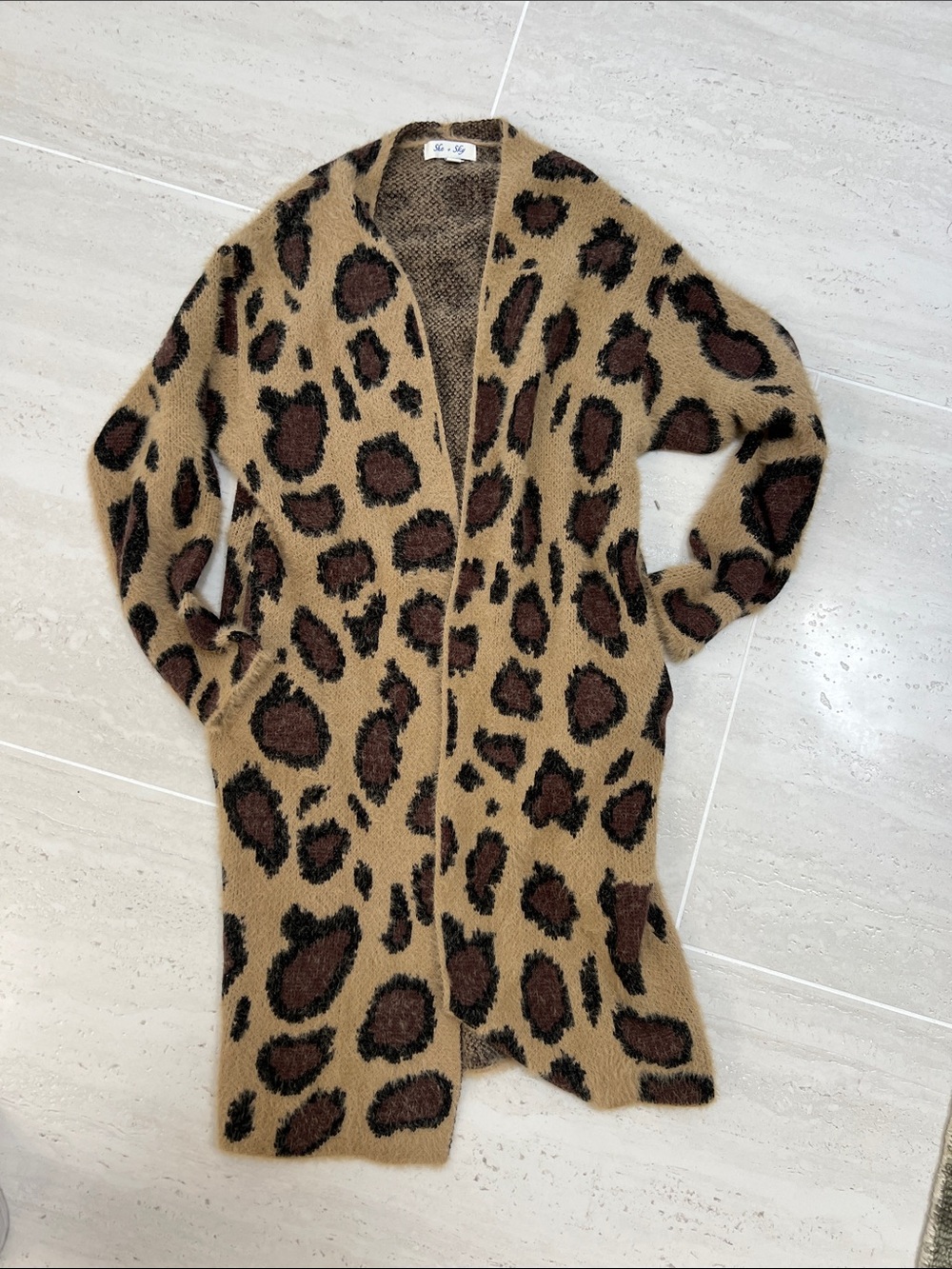 She + Sky Leopard Print Open-Front Cardigan - Tan & Brown